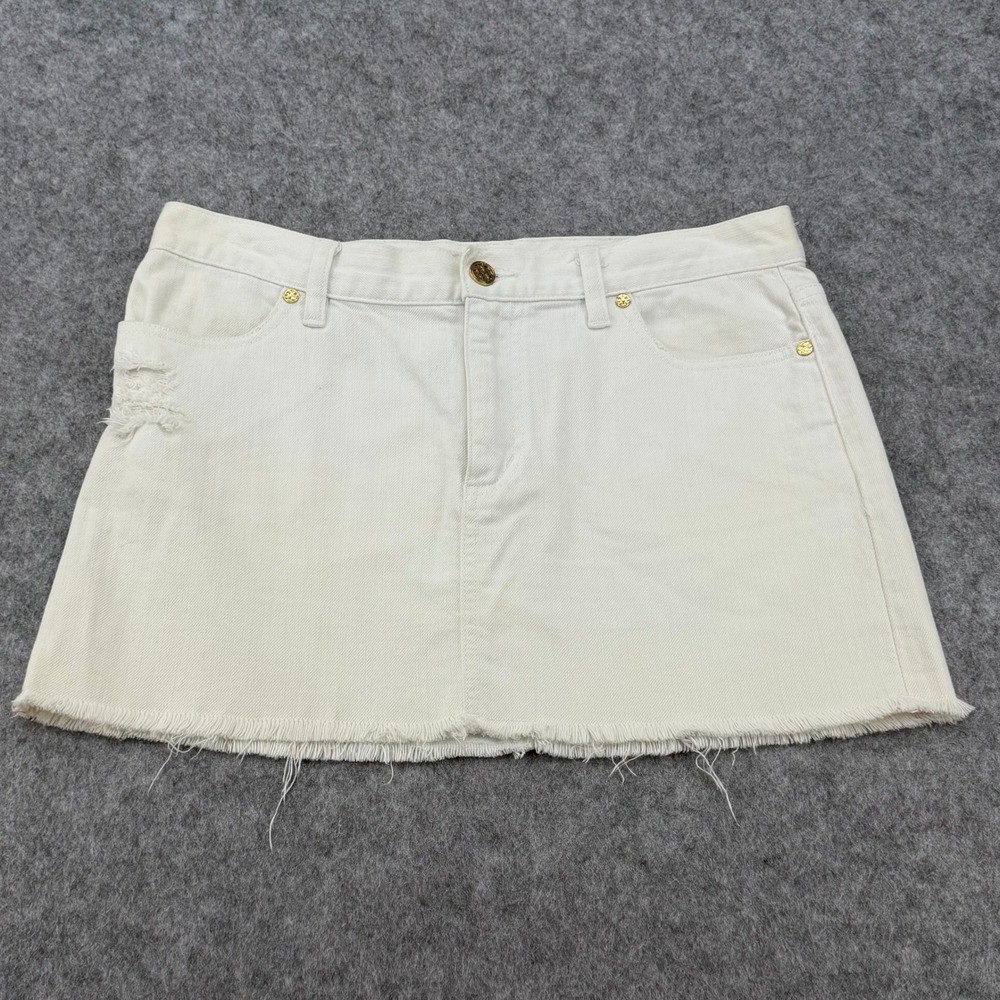 Tory Burch White Denim Mini Skirt Gold Logo Hardware Frayed Hem Size 29